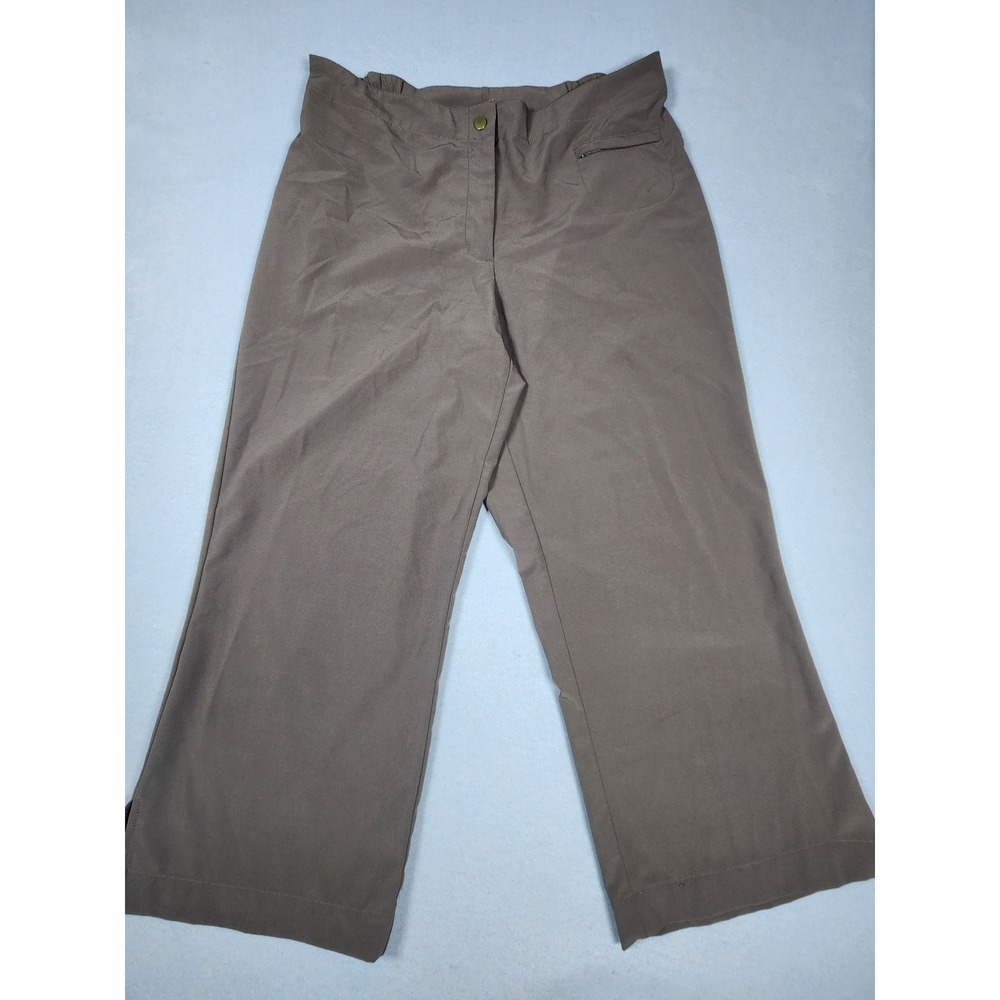 Chicos Zenergy Brown Wide Leg Crop Pants Size 1 Elastic Back Zip Pocket Slit Hem
